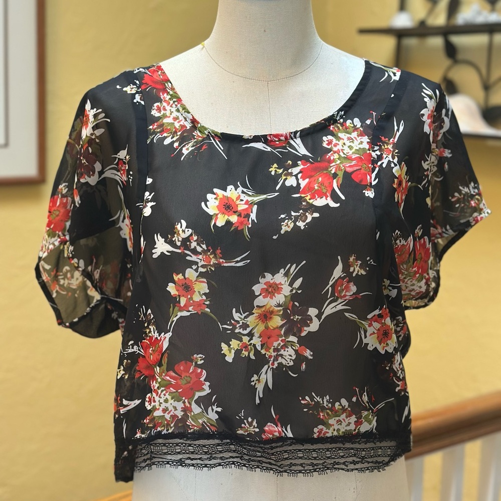 Black Poppy Floral Sheer Blouse